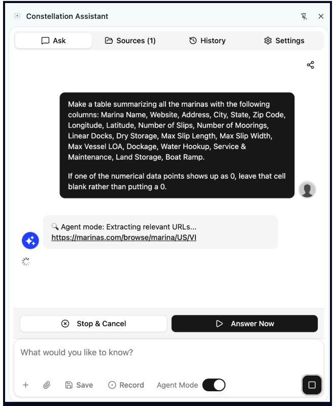 Agent Mode actively extracting URLs and building a dataset
