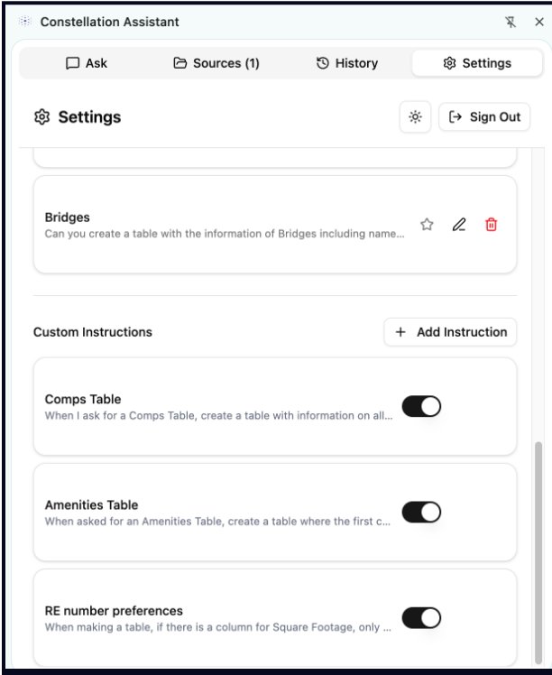Custom Instructions toggles in Settings
